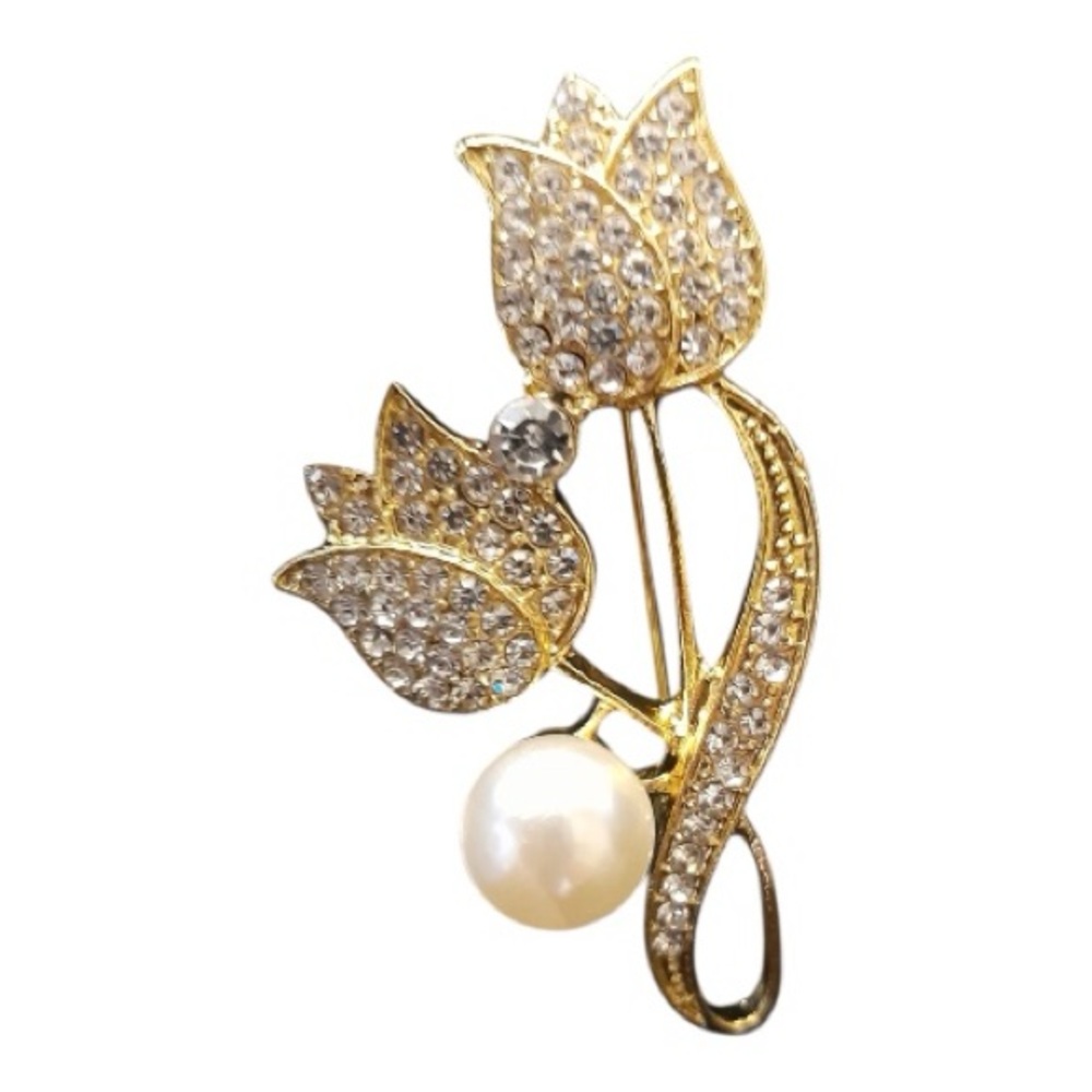 Tulip Flower Golden Brooch with Rhinestones / Faux Pearl